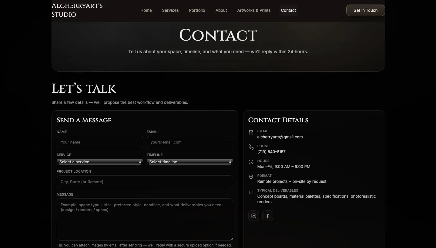 Desktop screenshot of Alcherryart Studio contact page with service type, timeline, project location, and next-step workflow.