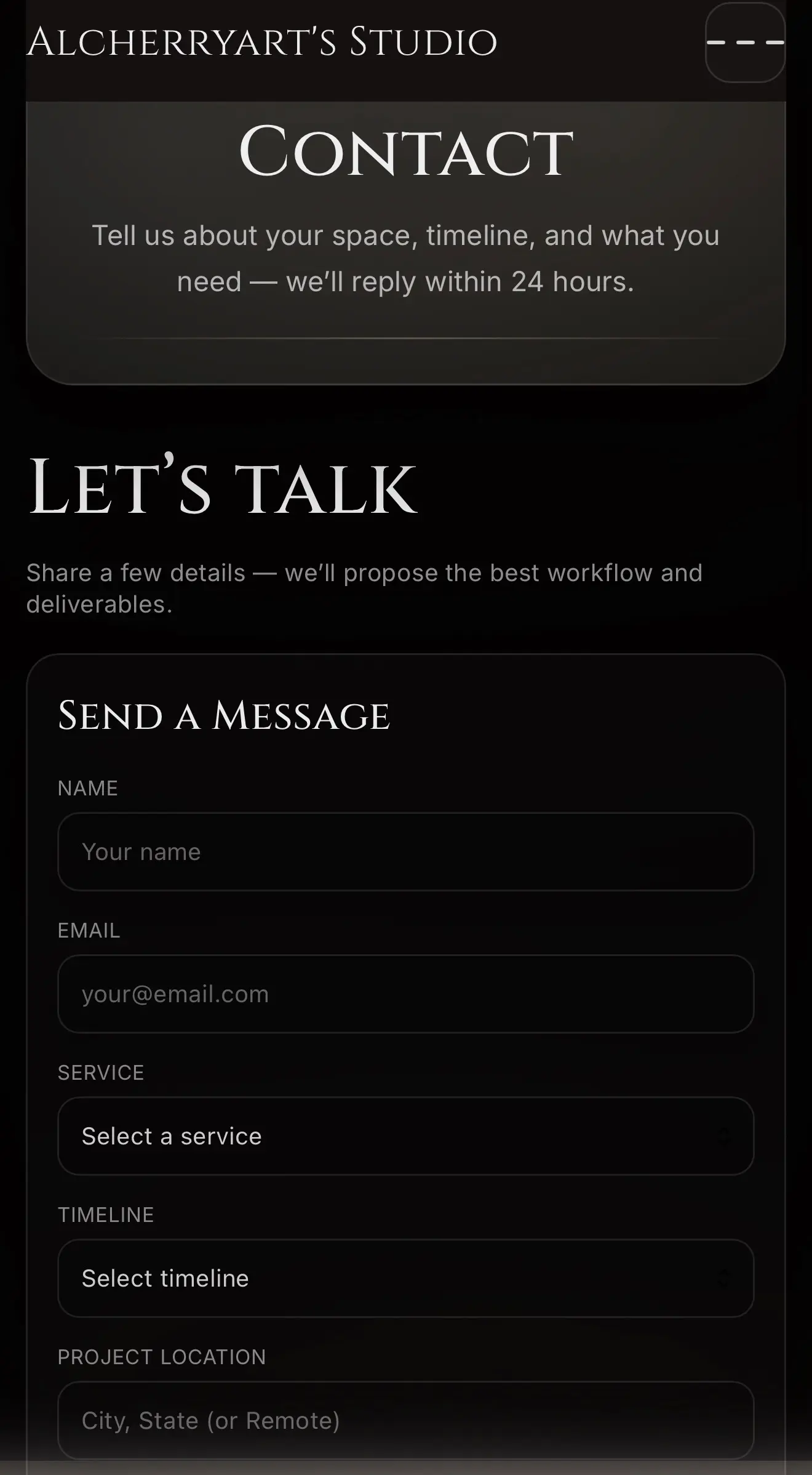 Mobile screenshot of Alcherryart Studio consultation request form and workflow.