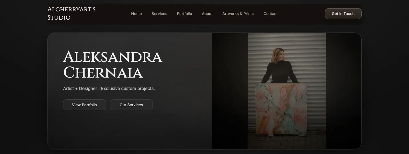 Desktop screenshot of the Alcherryart Studio homepage hero with designer name, visual identity, and portfolio call to action.