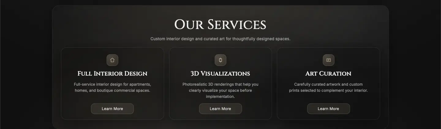 Desktop screenshot of Alcherryart Studio service packages for interior design, single room, 3D visualization, and art prints.