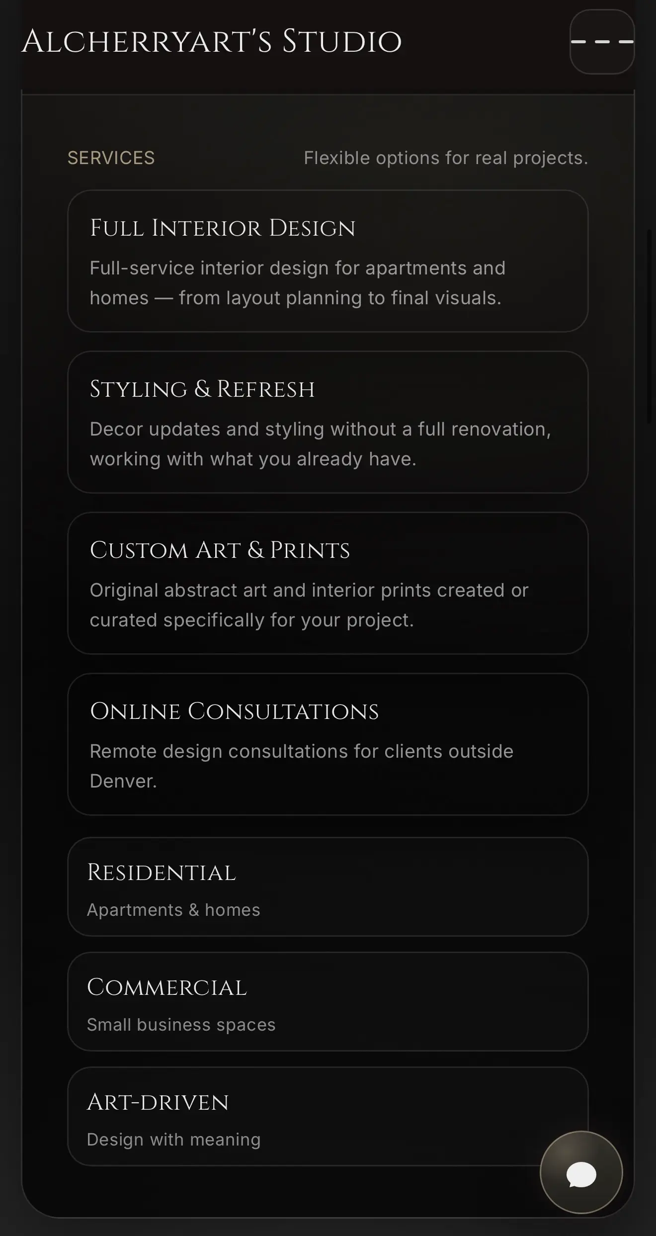 Mobile screenshot of Alcherryart Studio service packages in a readable layout.