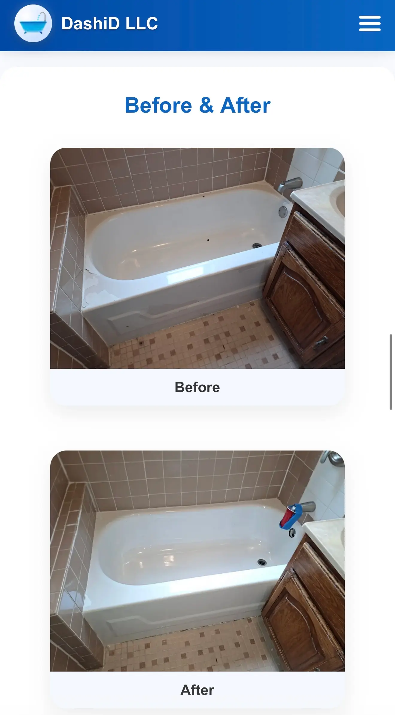 Mobile screenshot of DashiD LLC before-and-after refinishing proof.
