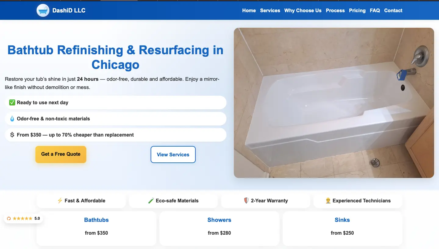 Desktop screenshot of the DashiD LLC hero section with Chicago bathtub refinishing offer, price anchor, trust cues, and quote CTA.