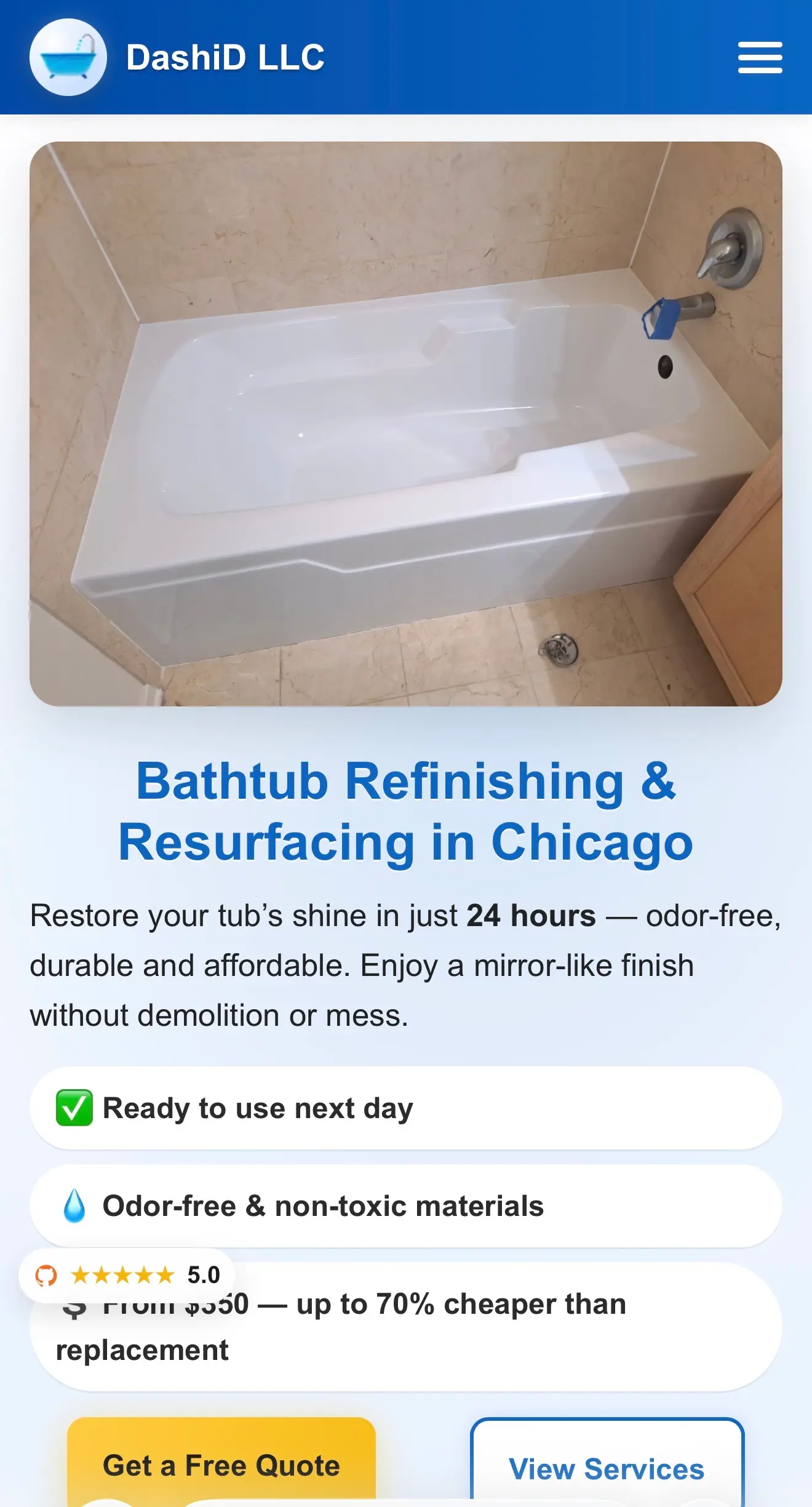 Mobile screenshot of the DashiD LLC hero section with bathtub refinishing offer and quote CTA.