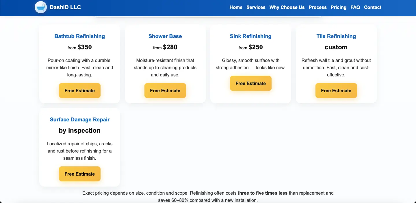 Desktop screenshot of DashiD LLC pricing page with starting prices and replacement comparison.