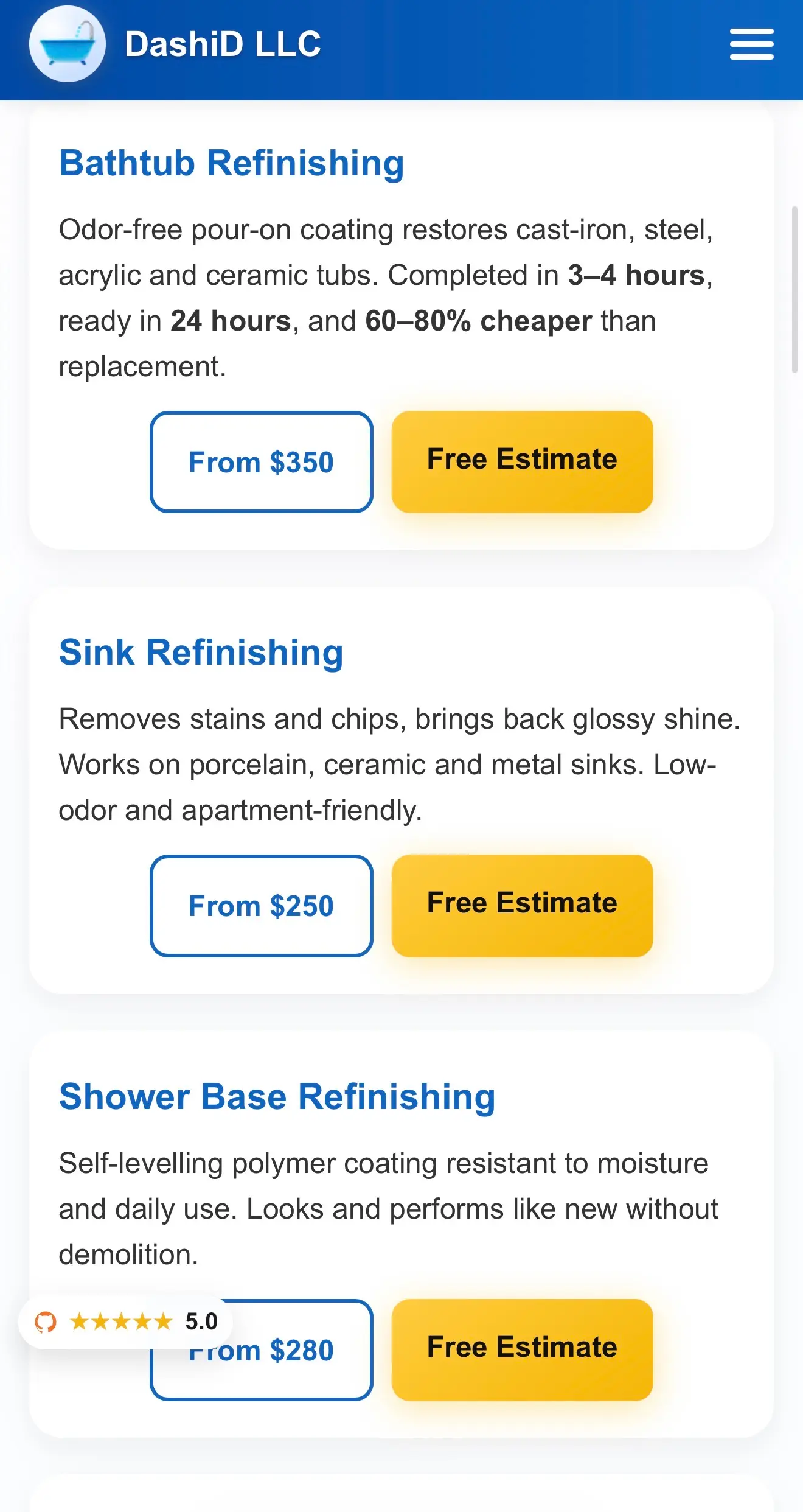 Mobile screenshot of DashiD LLC pricing page with starting prices and quote CTA.