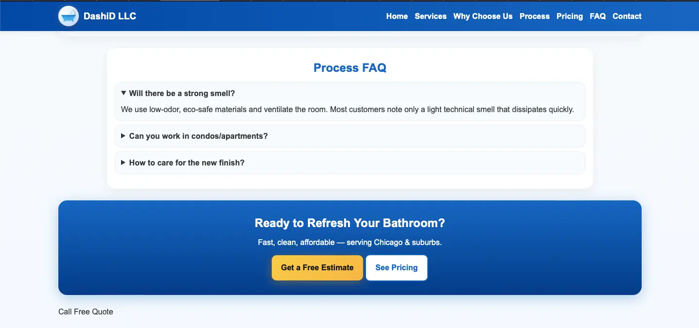 Desktop screenshot of DashiD LLC process and FAQ content explaining prep, coating, cure time, warranty, odor, and repair questions.