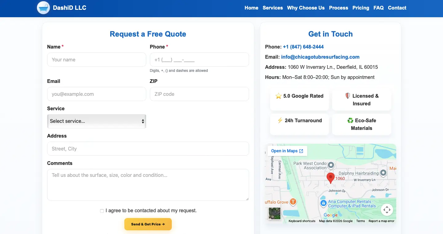 Desktop screenshot of DashiD LLC contact and free quote request form.