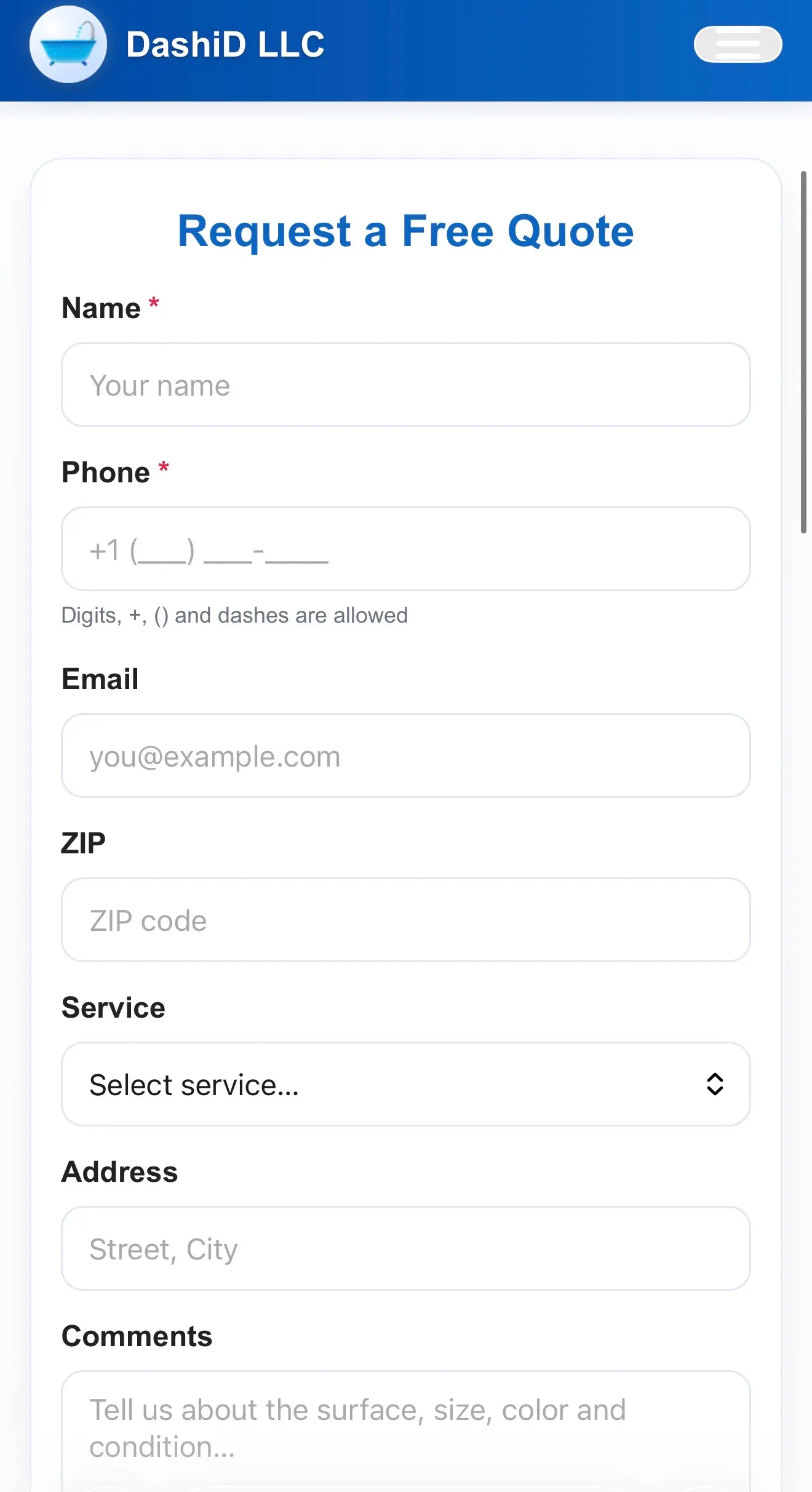 Mobile screenshot of DashiD LLC free quote request form and contact section.