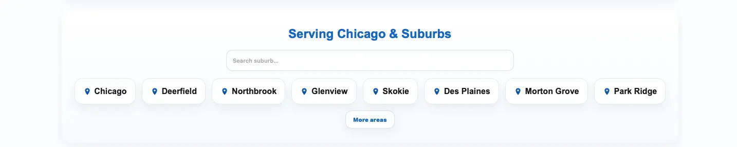 Desktop screenshot of DashiD LLC Chicago and suburb service area structure.