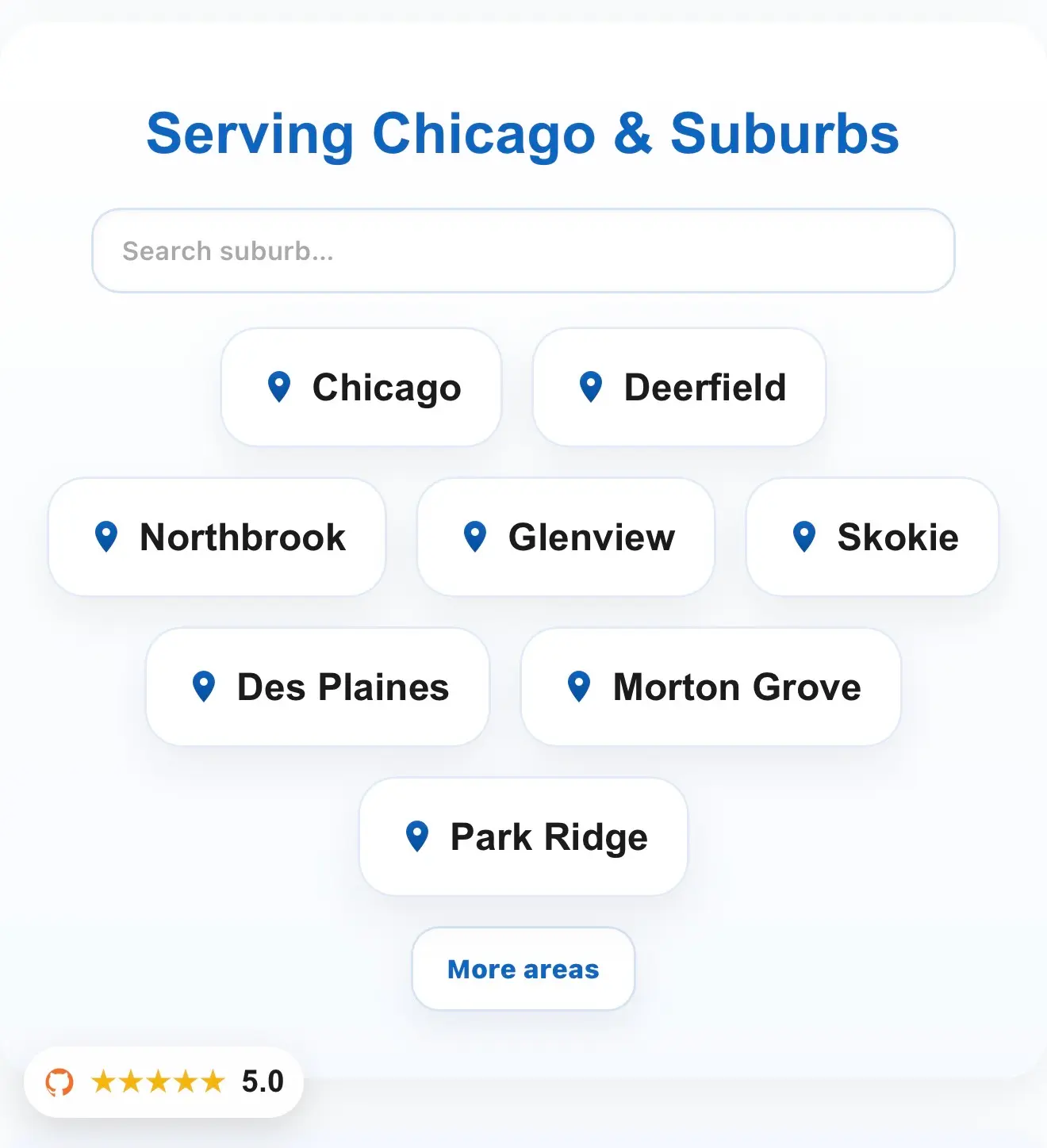 Mobile screenshot of DashiD LLC service area content for Chicago and suburbs.