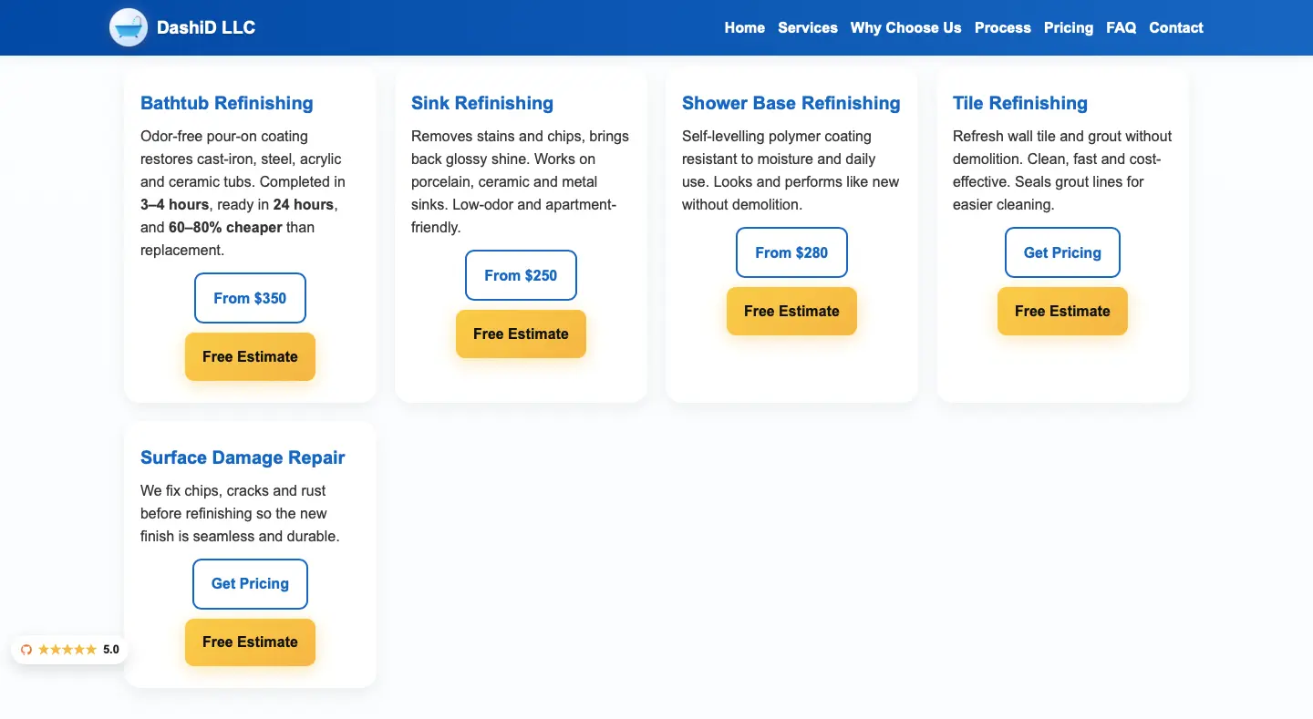 Desktop screenshot of DashiD LLC refinishing service sections for tubs, sinks, shower bases, tile, and surface repair.