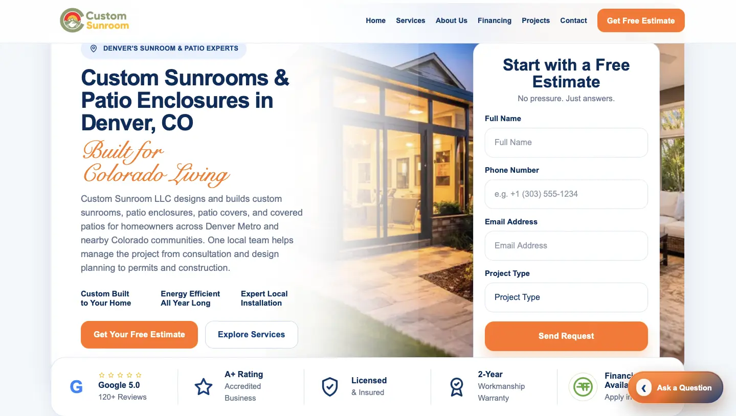 Desktop screenshot of the Custom Sunroom hero section with service positioning, trust signals, and free estimate form.