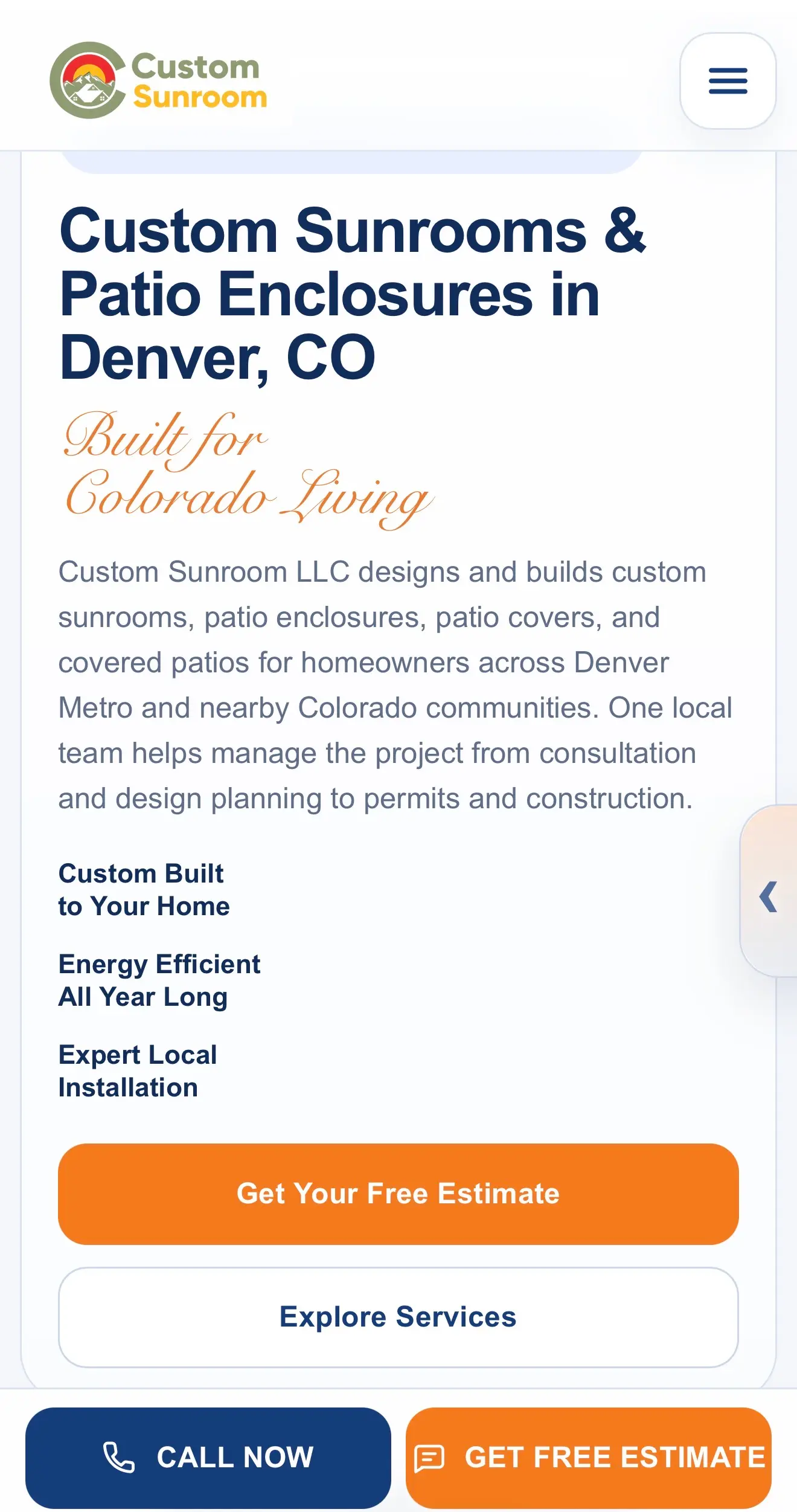 Mobile screenshot of the Custom Sunroom hero section showing the offer, trust proof, and estimate call to action.