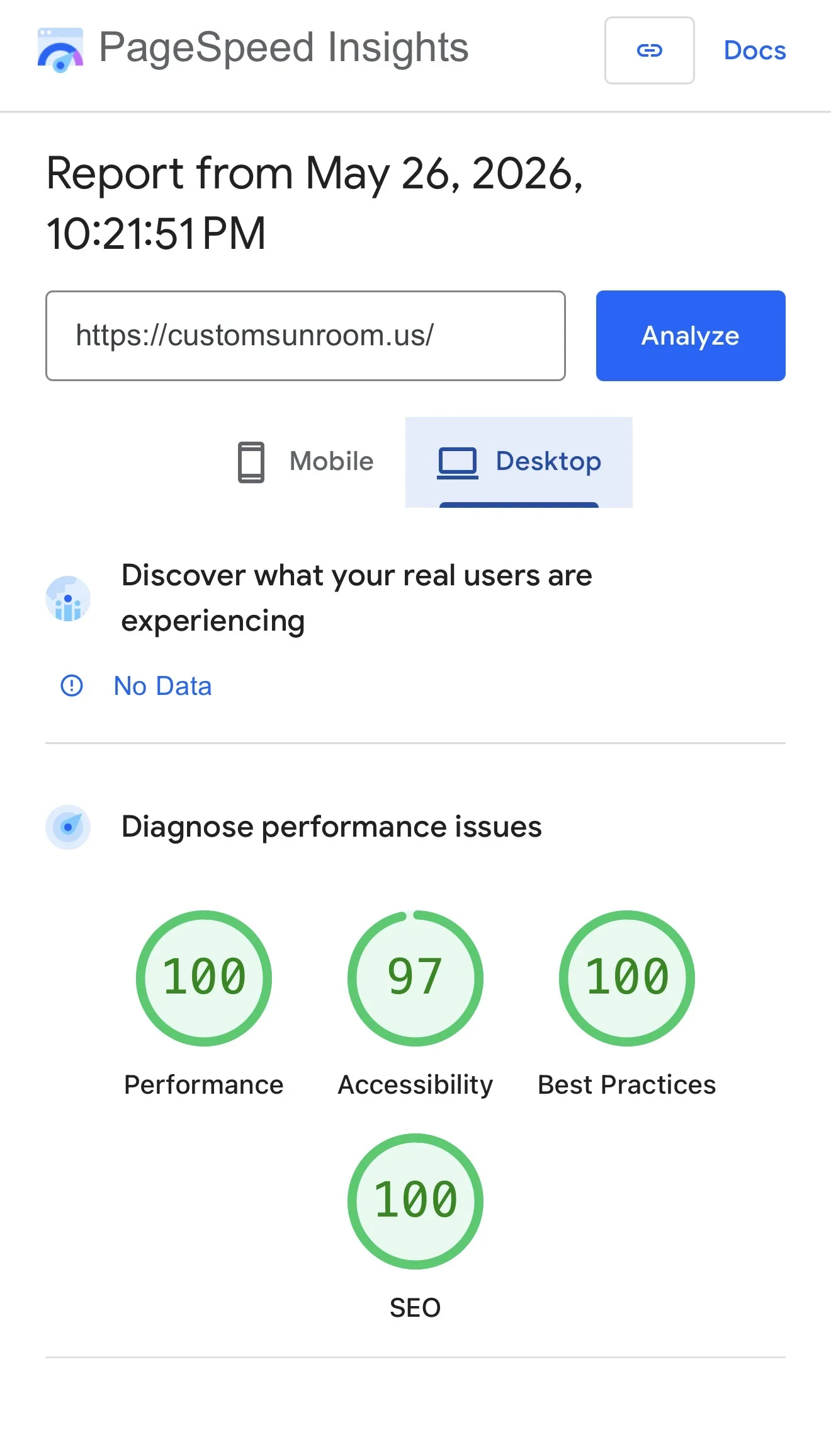 Desktop PageSpeed Insights lab report for the Custom Sunroom website