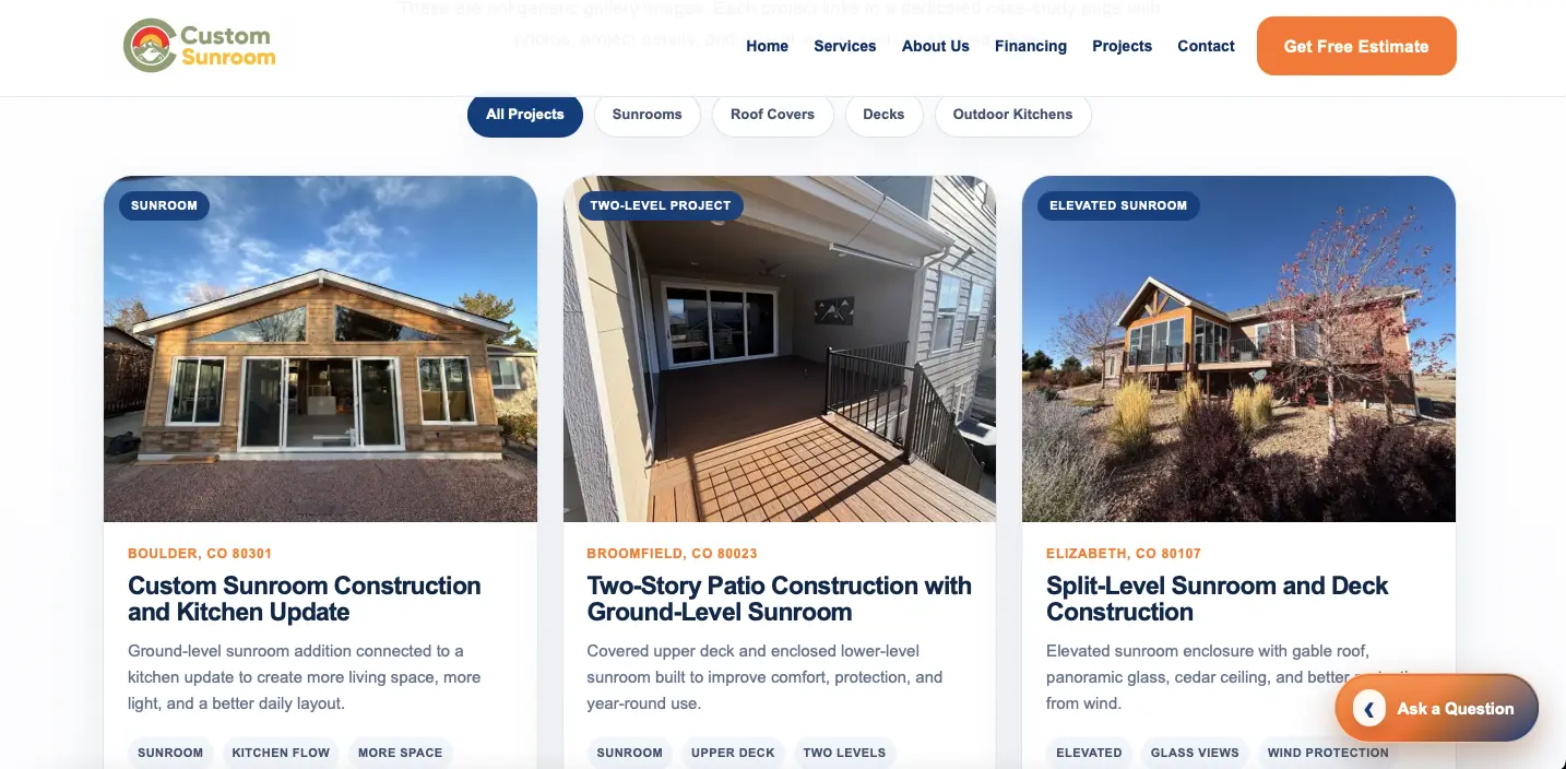 Desktop screenshot of completed Custom Sunroom projects in Colorado with project cards and locations.