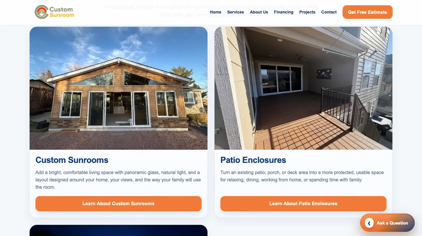 Desktop screenshot of the Custom Sunroom services section showing custom sunrooms, patio enclosures, and patio covers.