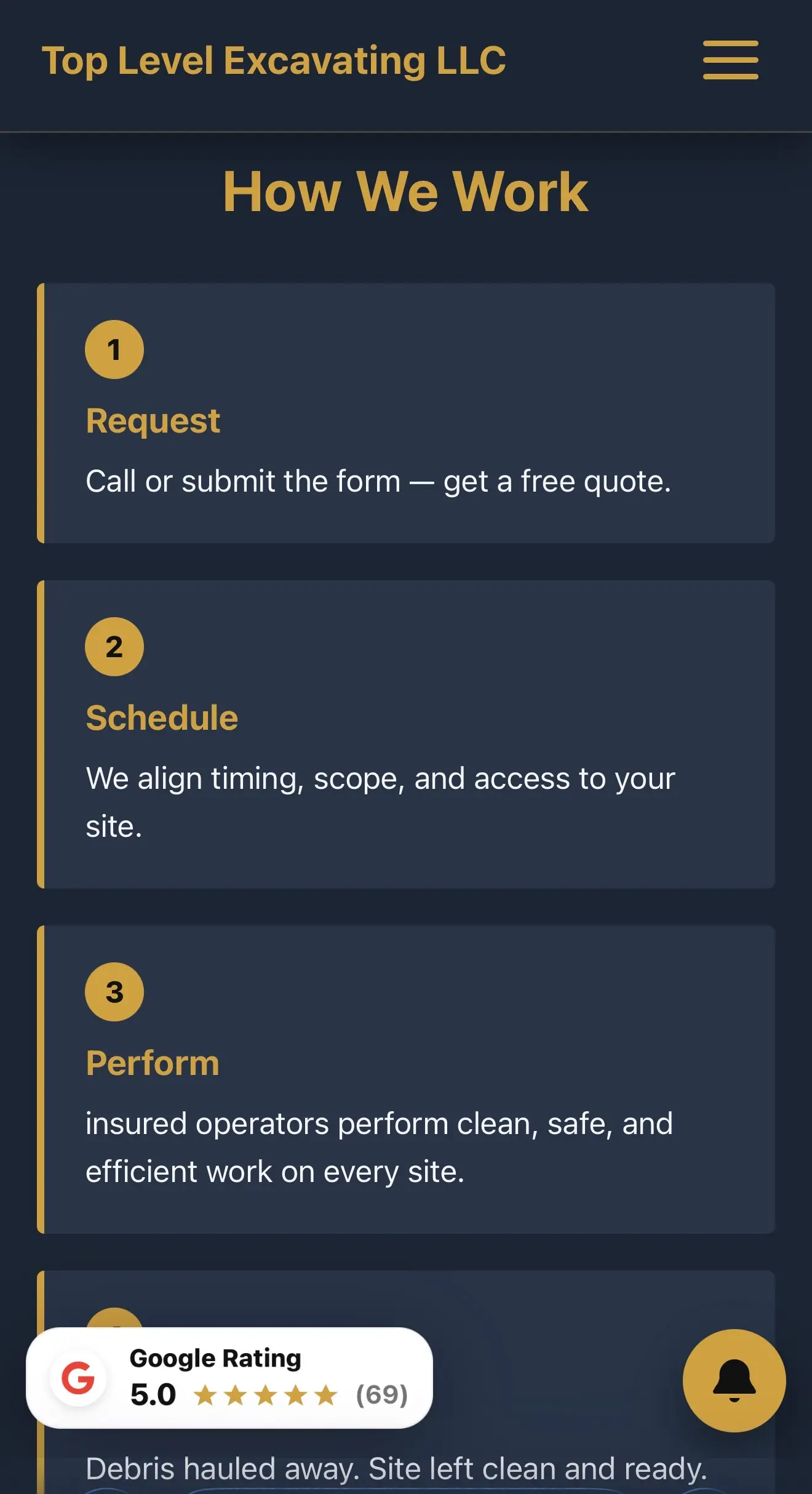 Mobile screenshot of Top Level Excavating trust and process sections in a readable mobile layout.
