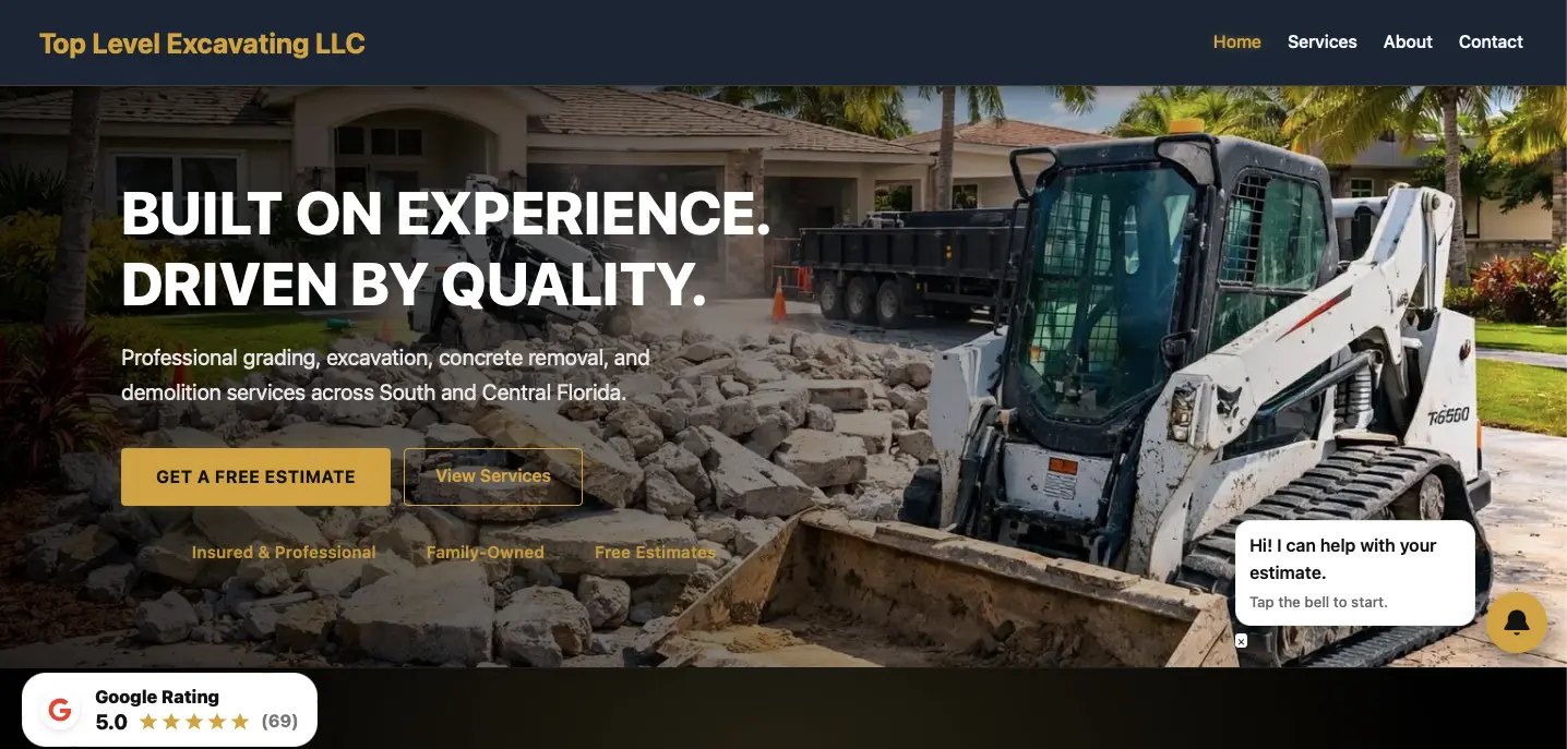 Desktop screenshot of the Top Level Excavating homepage showing the client-directed contractor website direction.