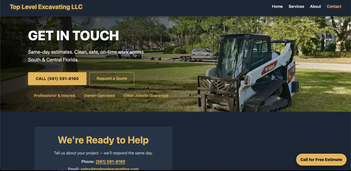 Desktop screenshot of Top Level Excavating project proof, testimonials, and quote request path.
