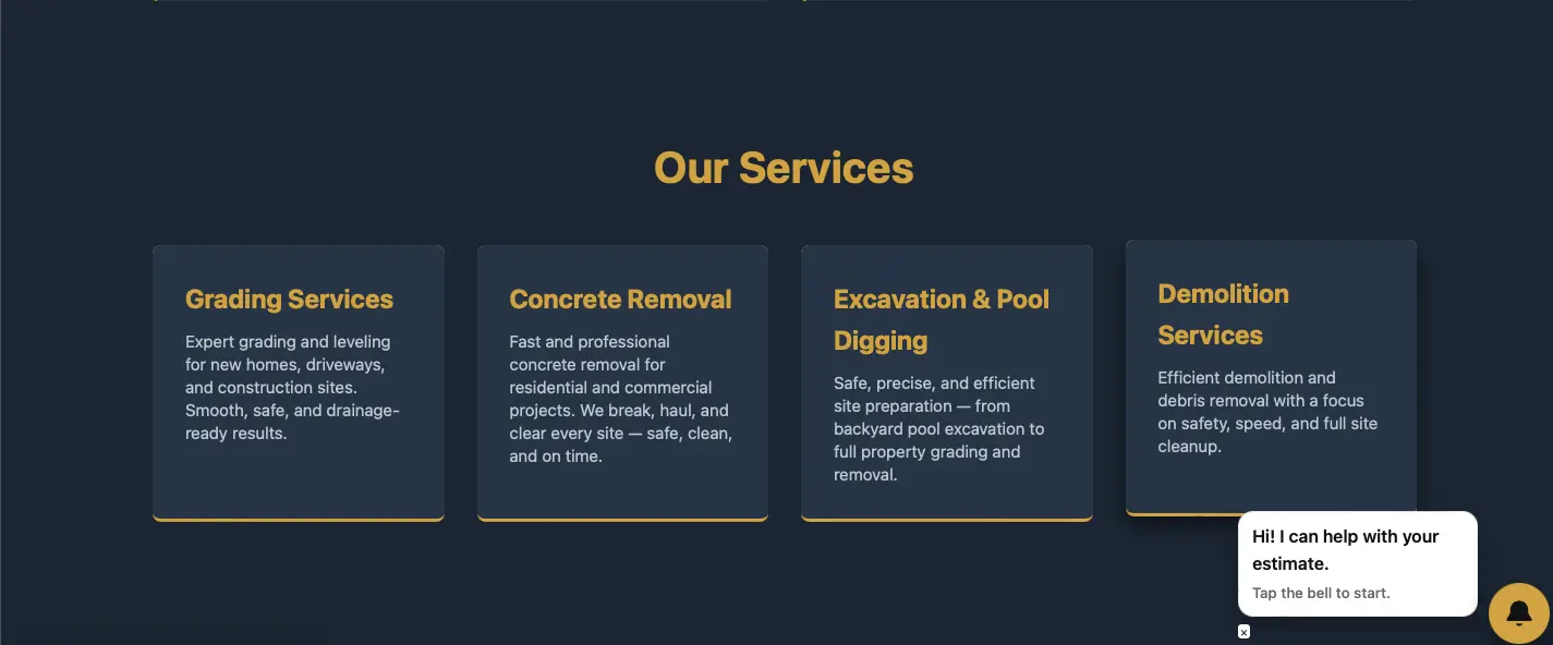 Desktop screenshot of Top Level Excavating service sections for grading, excavation, concrete removal, pool digging, demolition, and hauling.