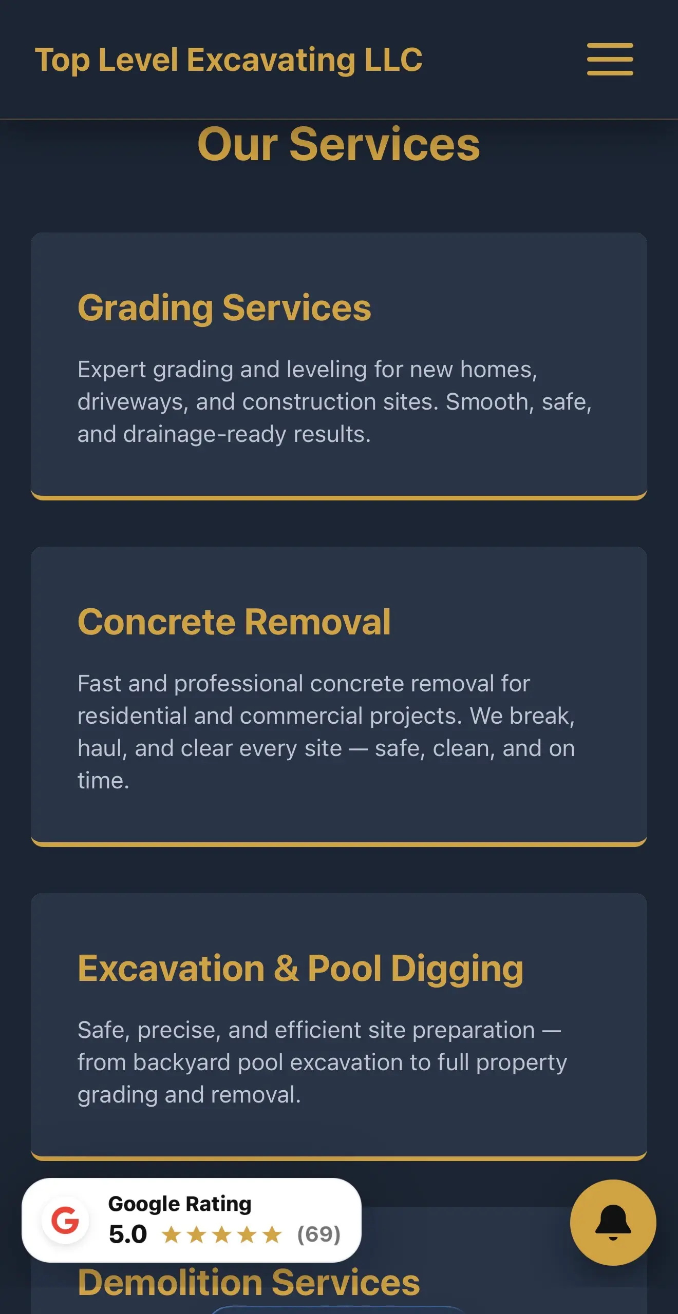 Mobile screenshot of Top Level Excavating service cards in a readable contractor website layout.