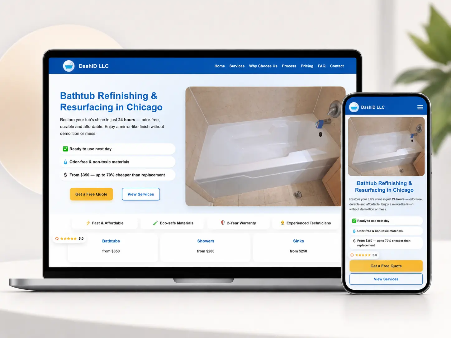 Preview of DashiD LLC Chicago bathtub refinishing website homepage